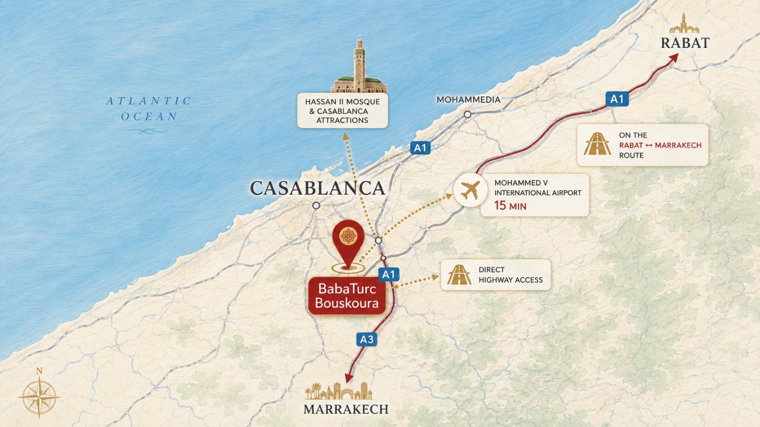 Map showing Baba Turc Bouskoura between Casablanca, Rabat and Marrakech
