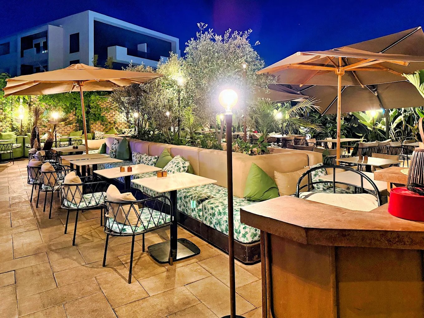 Garden terrace at night
